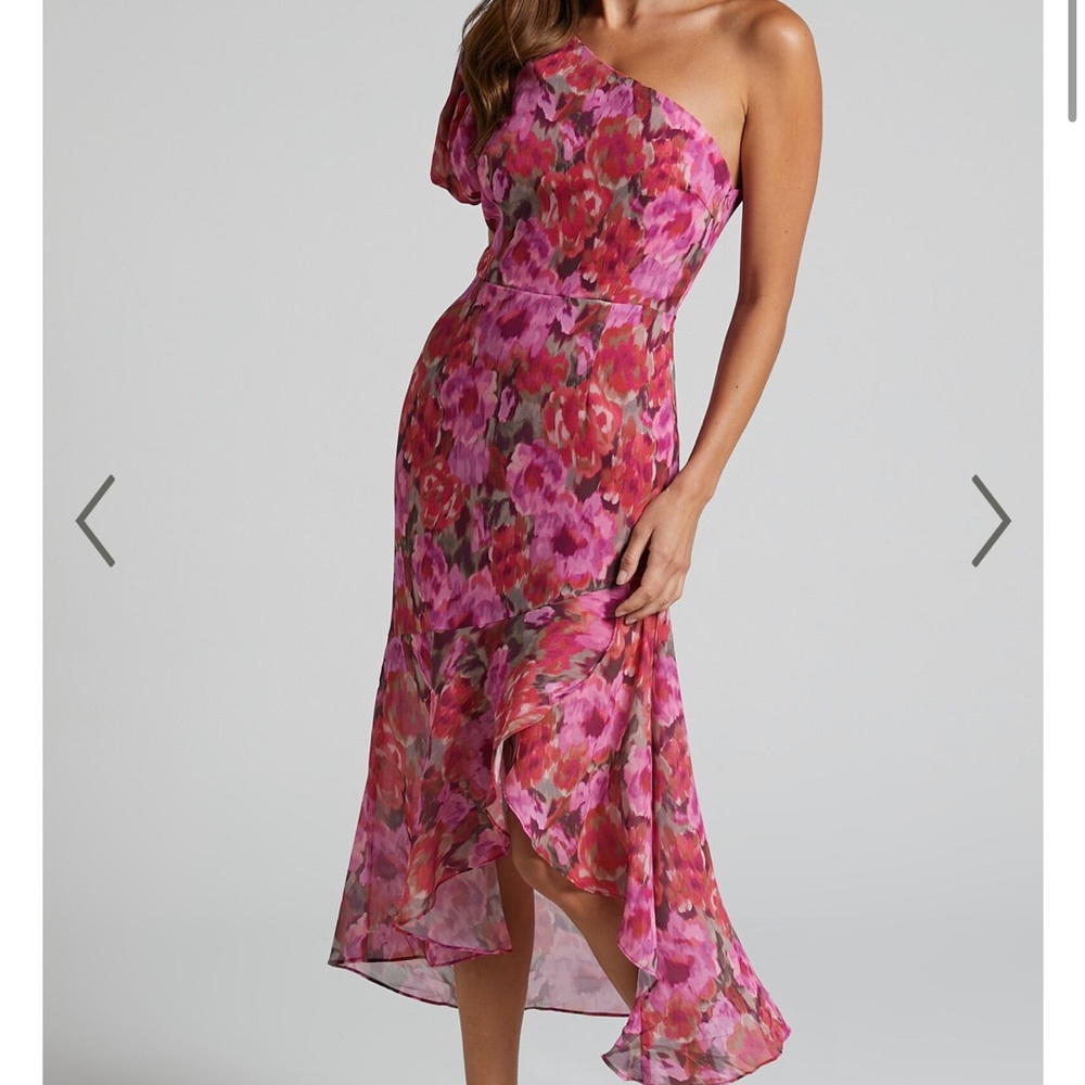 Showpo one shoulder floral pink dress SMALL